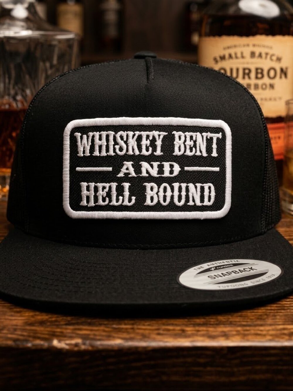 Retro Whiskey Bent Hat Country Music Patch Black Yupoong Flat Snapback Cap USA